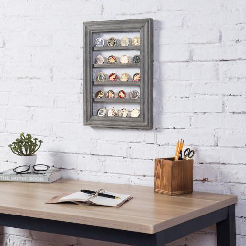 Wall Mounted Vintage Gray Wood Challenge Coin Display Rack