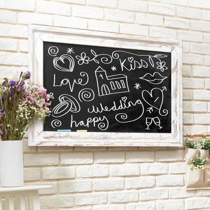 Wall Mounted White Washed Wood Chalkboard, White