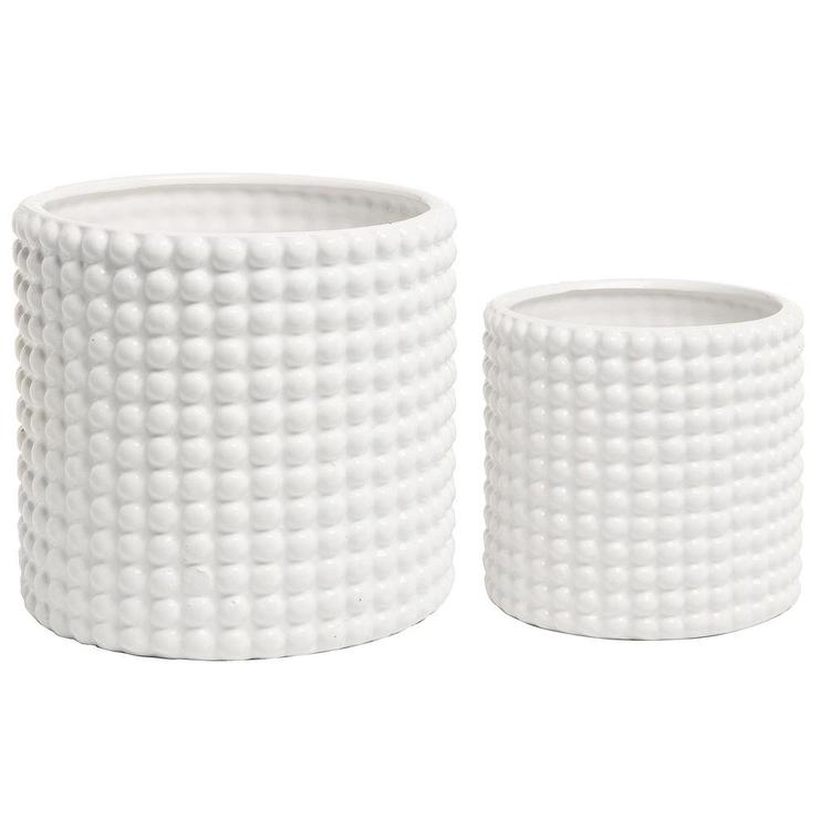 Round White Ceramic Hobnail Textured Planter Pots, Set of 2