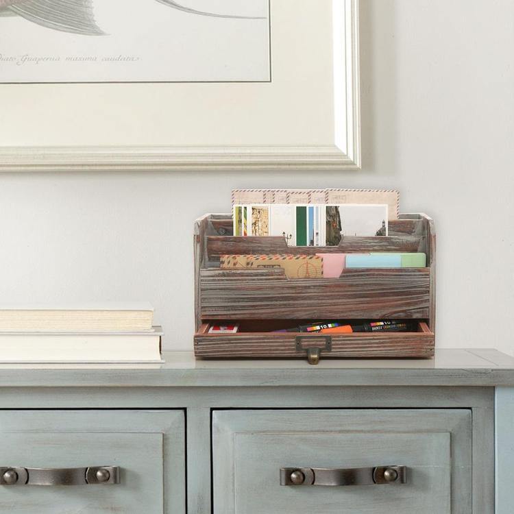 Wood Desk File & Mail Organizer w/Rustic Dark Vintage Finish
