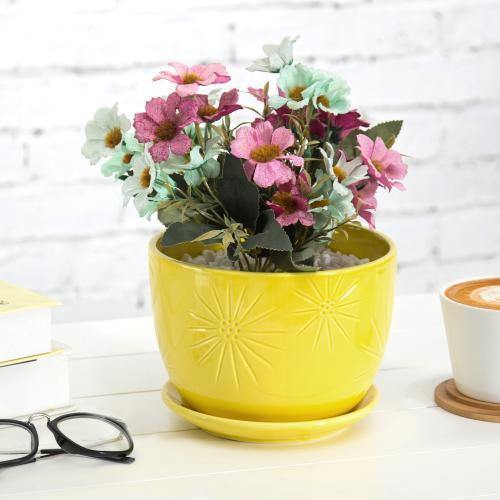 Yellow Sunburst Ceramic Pot with Saucer